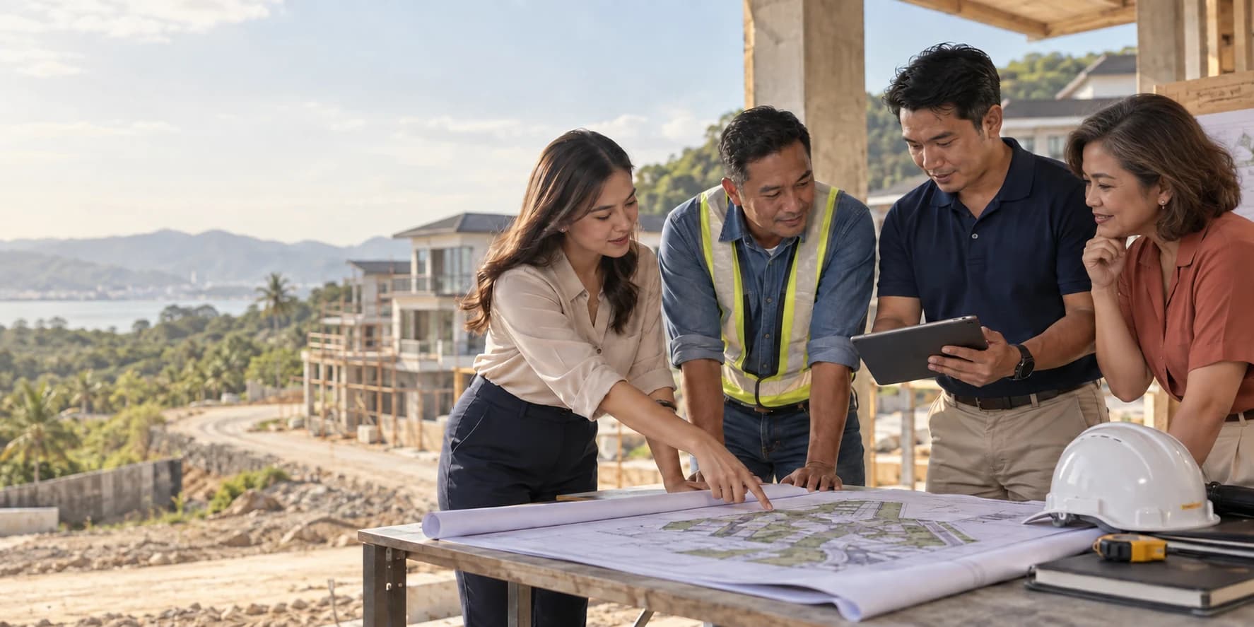 Illustration of a real estate team reviewing site plans together